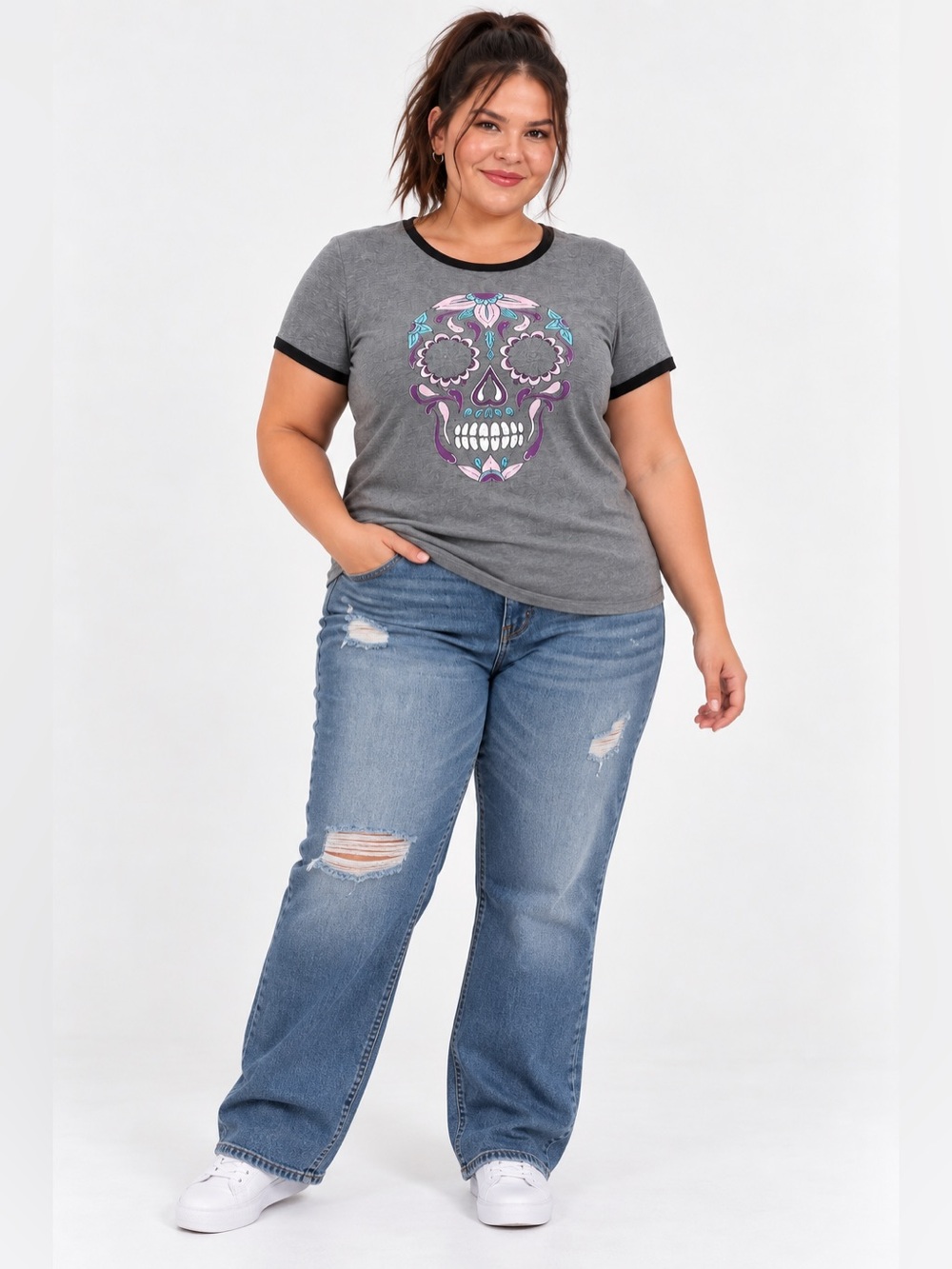 TORRID TATTOO PRINT CLASSIC FIT RINGER TEE - HEATHER GREY
